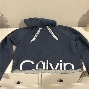 Calvin Klein Cropped Navy Hoodie with White Accents